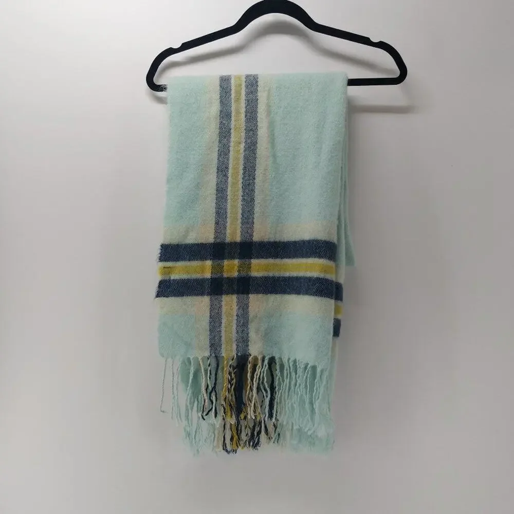 Steve Madden Fuzzy Scarf with Tassels Blue Navy Blue Aqua Yellow - Picture 1 of 10